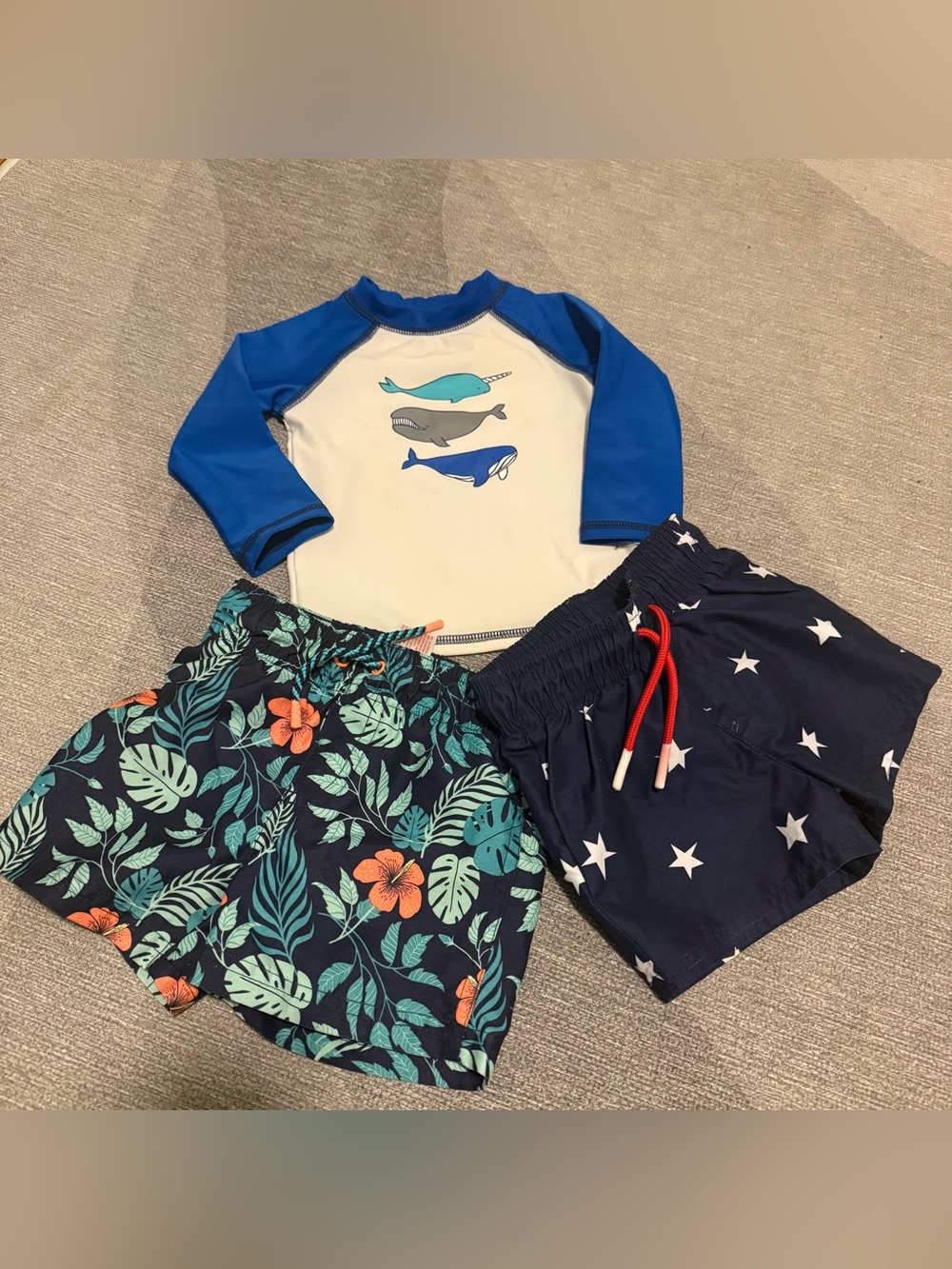 Cat & Jack Blue & White Whale Rashguard with Navy Star and Tropical Swim Shorts
